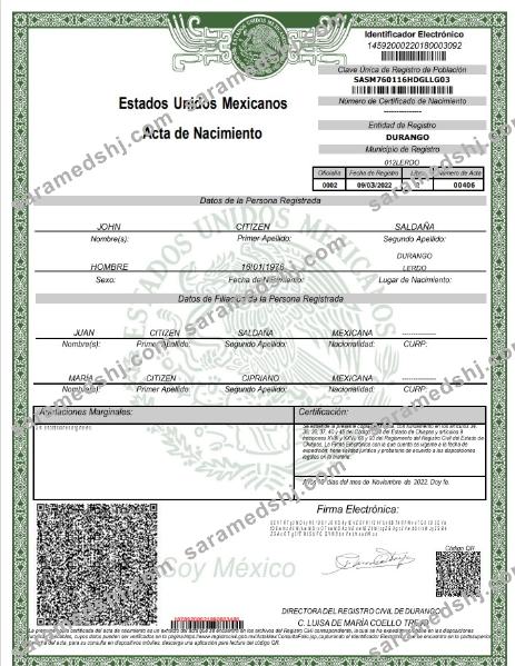Mexico birth certificate Word and PDF template, version 2